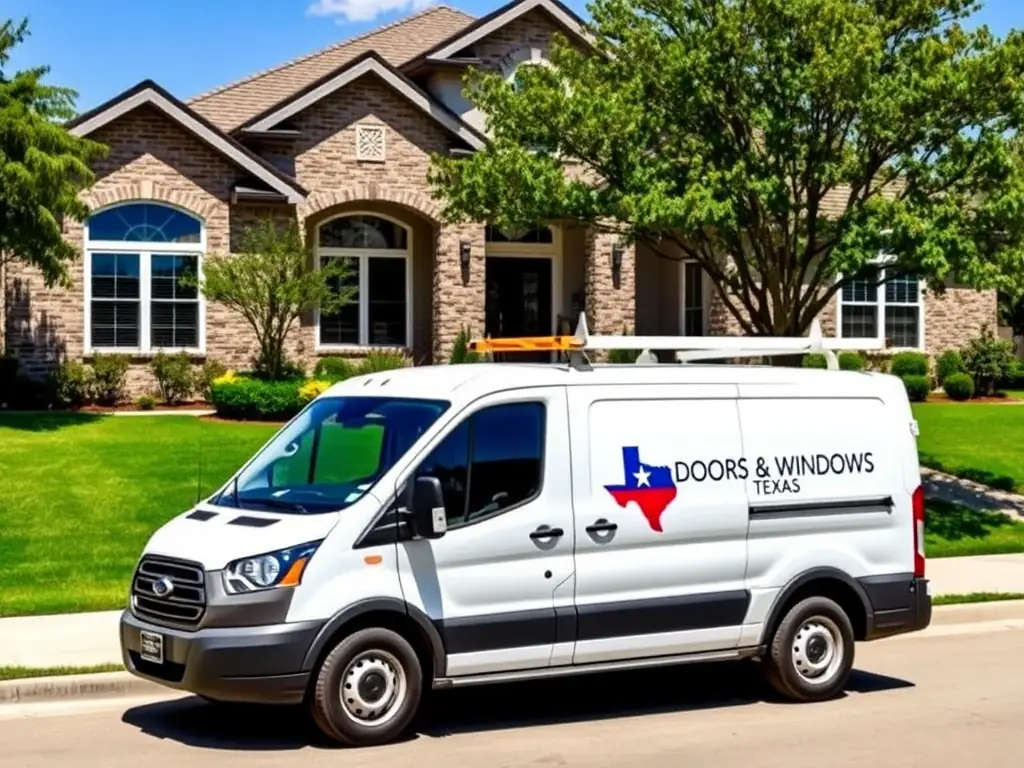 A picture of a service van from Doors and Windows Texas parked in front of a house in Tarrant County, emphasizing local service availability.