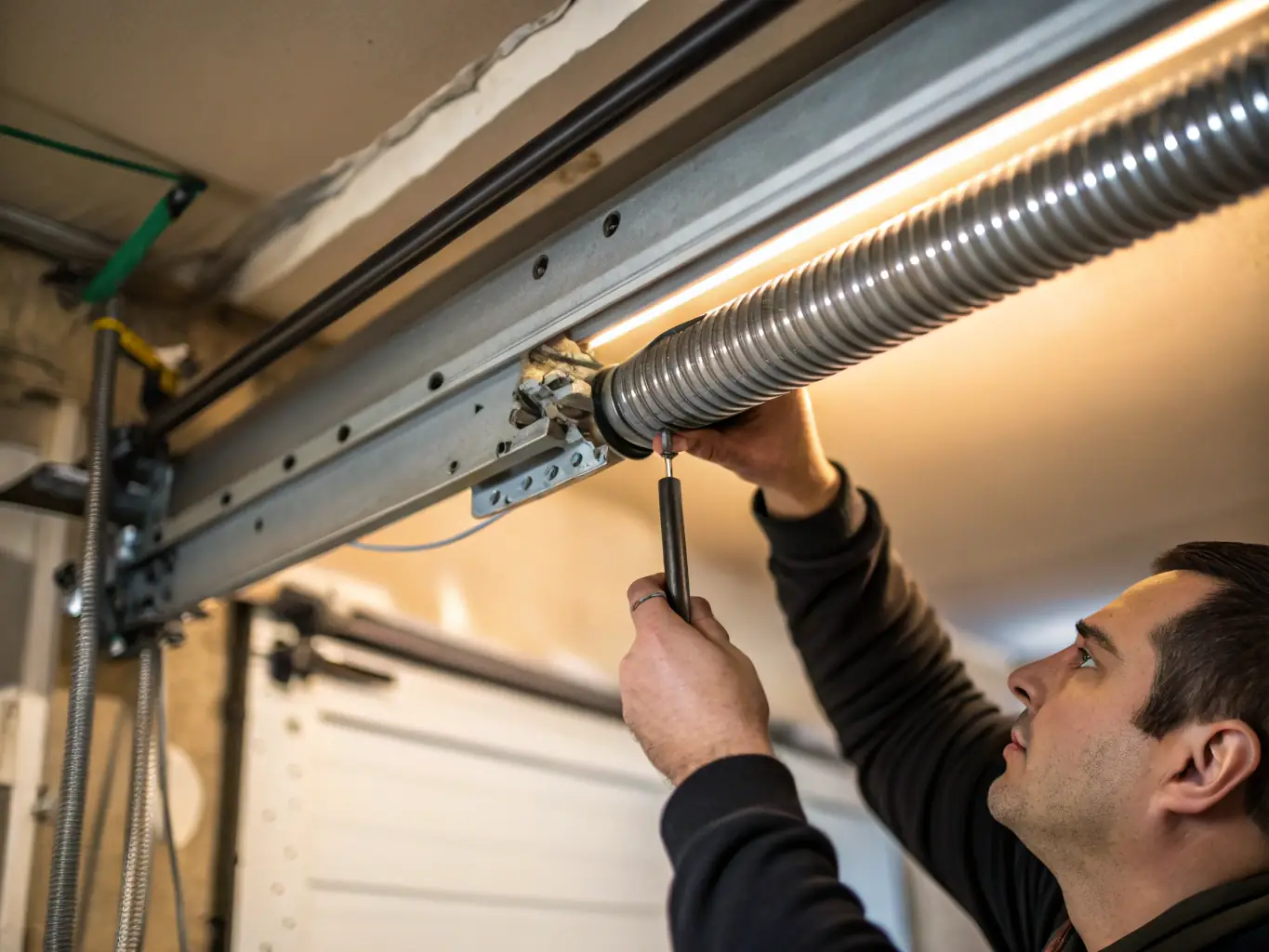 A close-up of a technician replacing garage door springs, highlighting the use of high-quality springs and precise techniques.