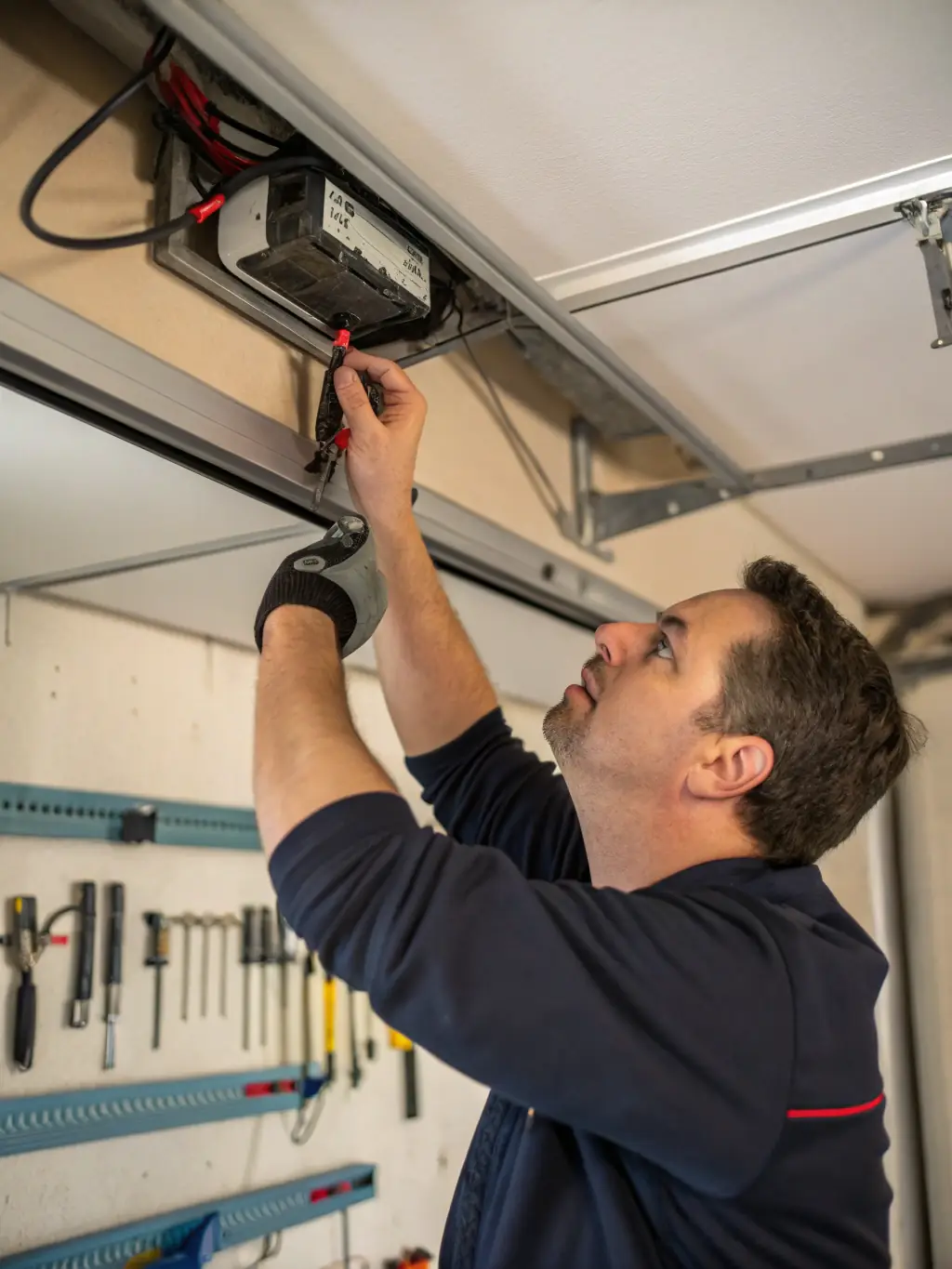 A photograph of a garage door opener being installed, showcasing the technology and convenience it provides. The image should highlight the ease of use and modern features.