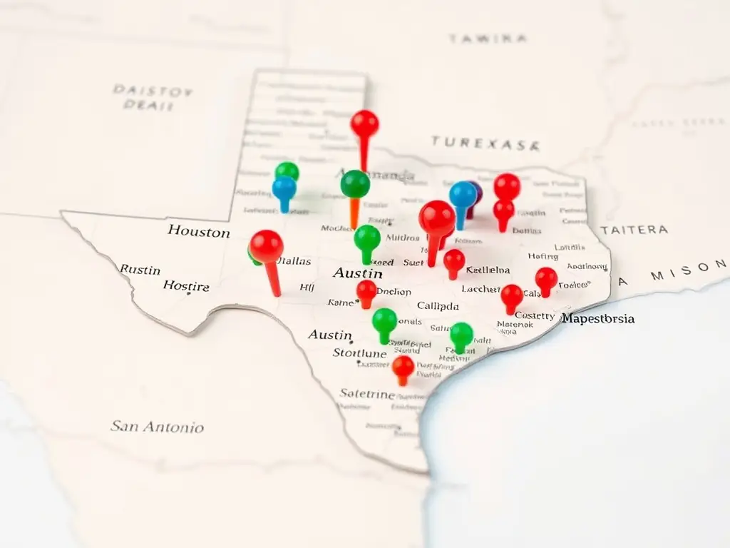 A detailed map of Texas highlighting the counties served by Doors and Windows Texas, with clear markers indicating each service location.