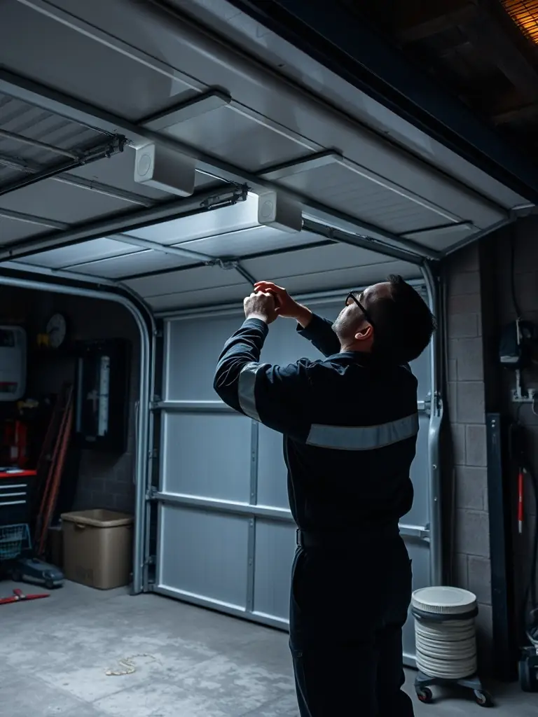 A close-up image of a technician expertly repairing a garage door spring, emphasizing the precision and care taken during the repair process. Safety equipment should be visible.