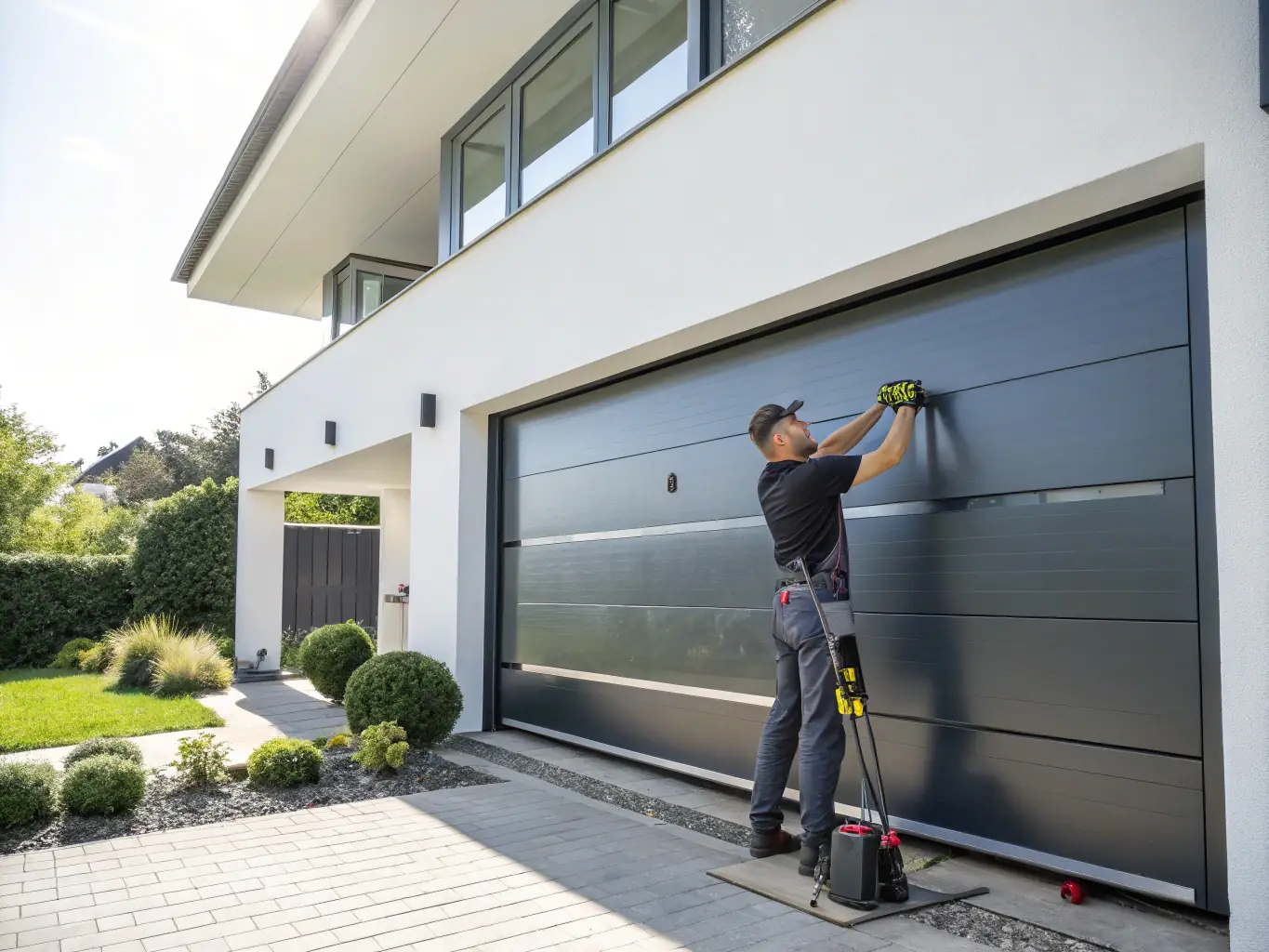 A professional technician installing a modern garage door on a residential property, showcasing the seamless and secure setup process.