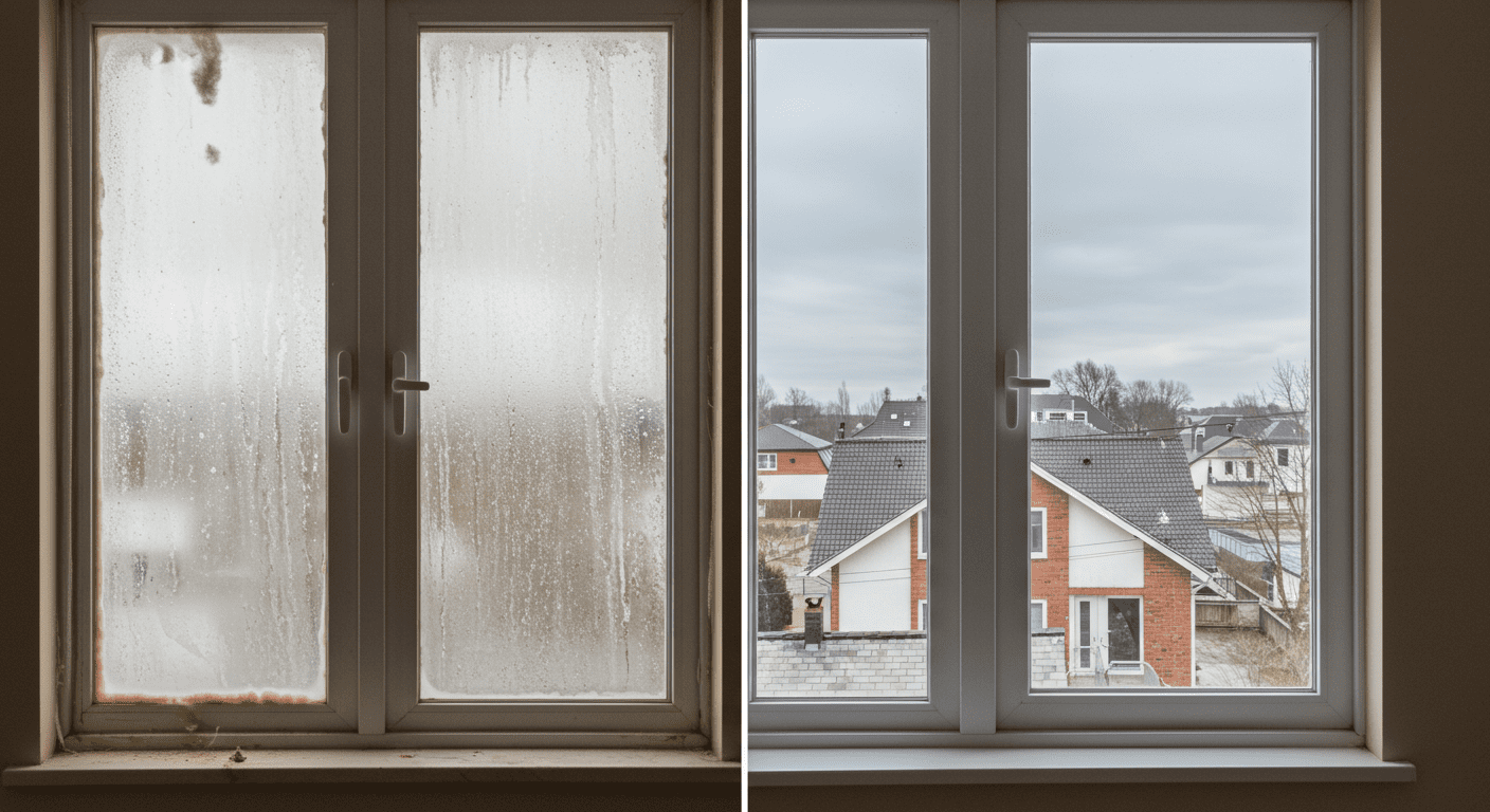 A before-and-after comparison image showing a window with visible drafts and condensation on one side, and a newly sealed window on the other side, highlighting the difference in energy efficiency.