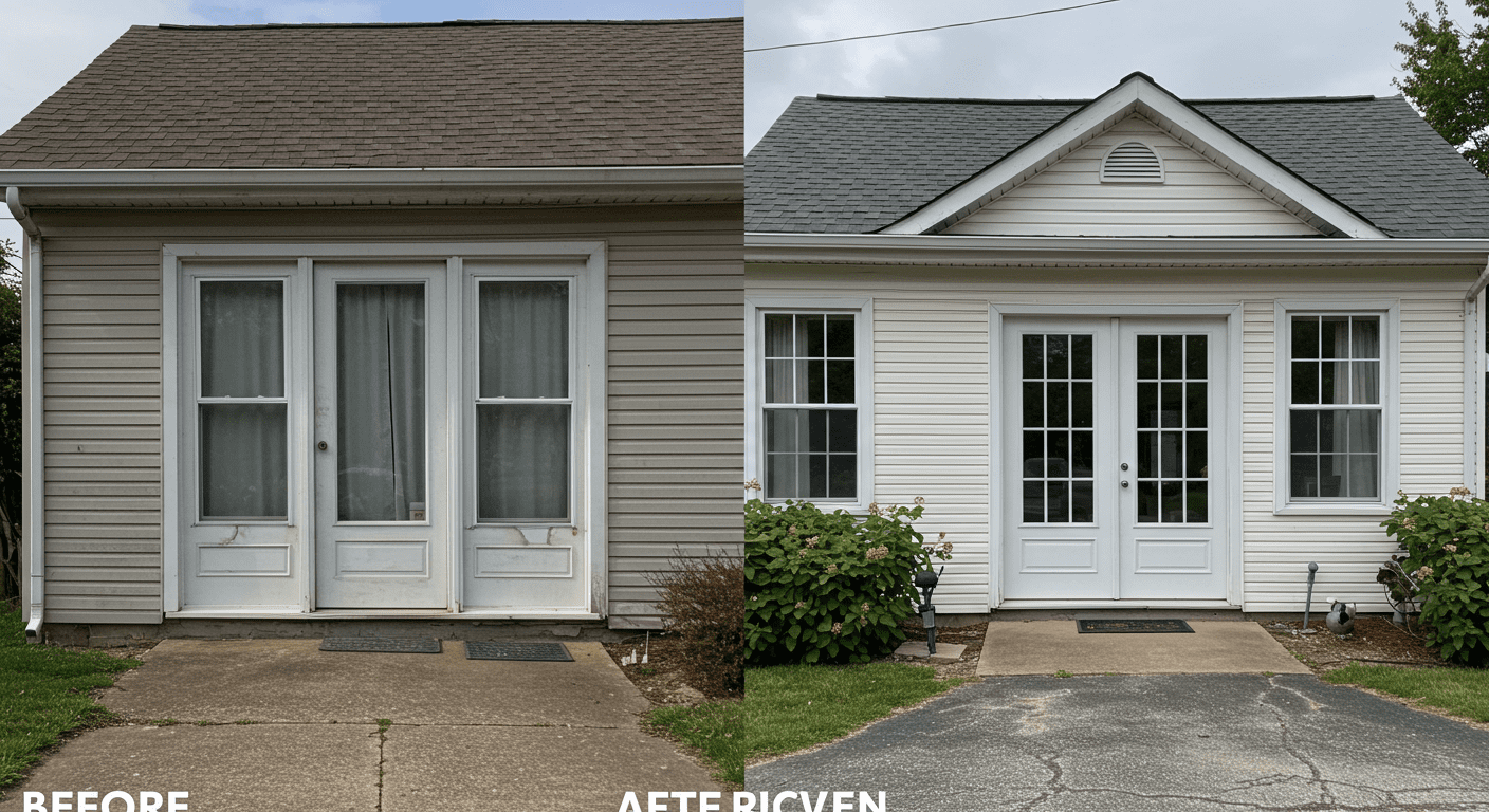 A before-and-after comparison of a home with old windows and doors versus newly installed energy-efficient options, showcasing the transformation.