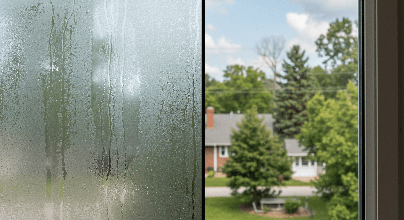 A split image showing a foggy double pane window on one side and a clear, newly repaired window on the other. This visual contrast emphasizes the effectiveness of the repair service.