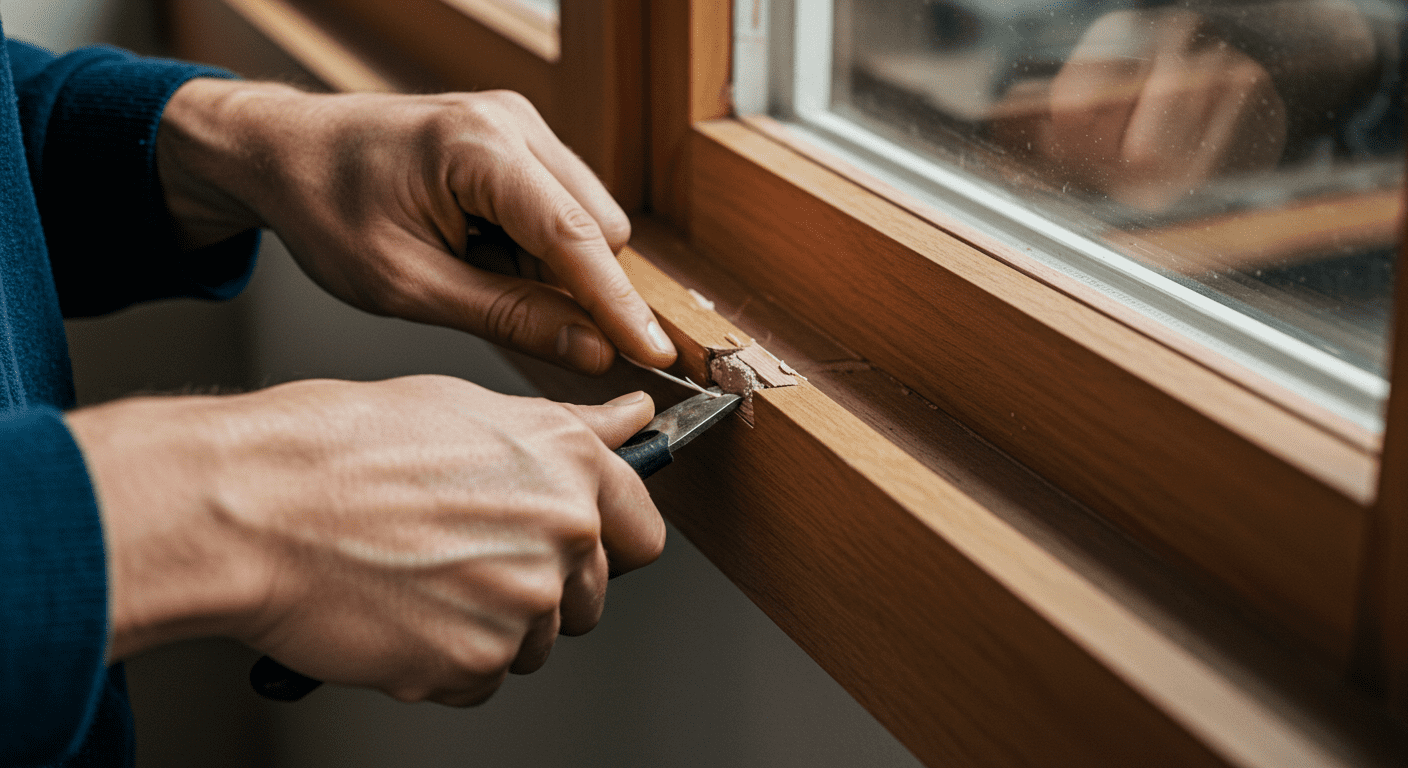 A close-up shot of hands performing a specific repair technique, such as replacing a sash cord or applying wood filler to a damaged area. The focus is on the craftsmanship and attention to detail.