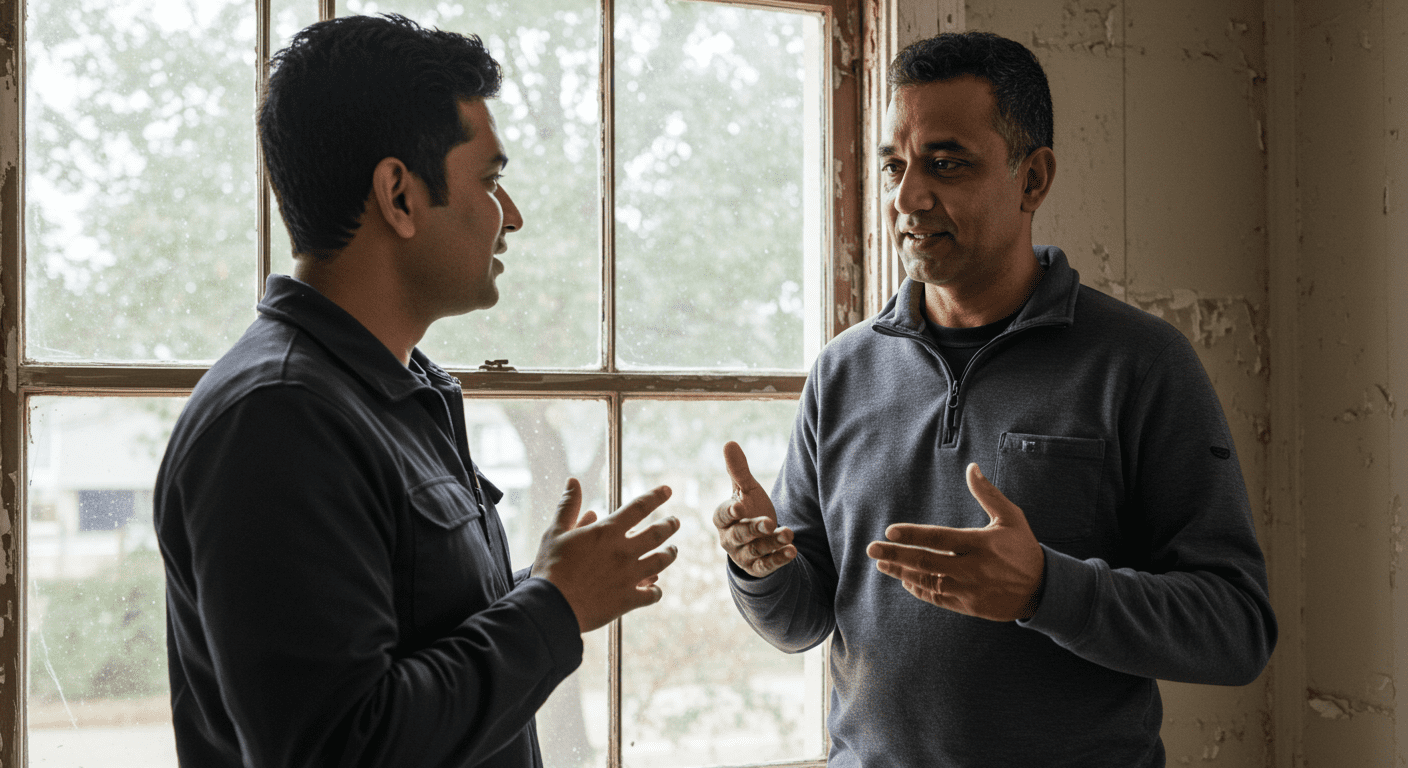 A local contractor discussing repair options with a homeowner in front of a wooden window, emphasizing the consultation process.