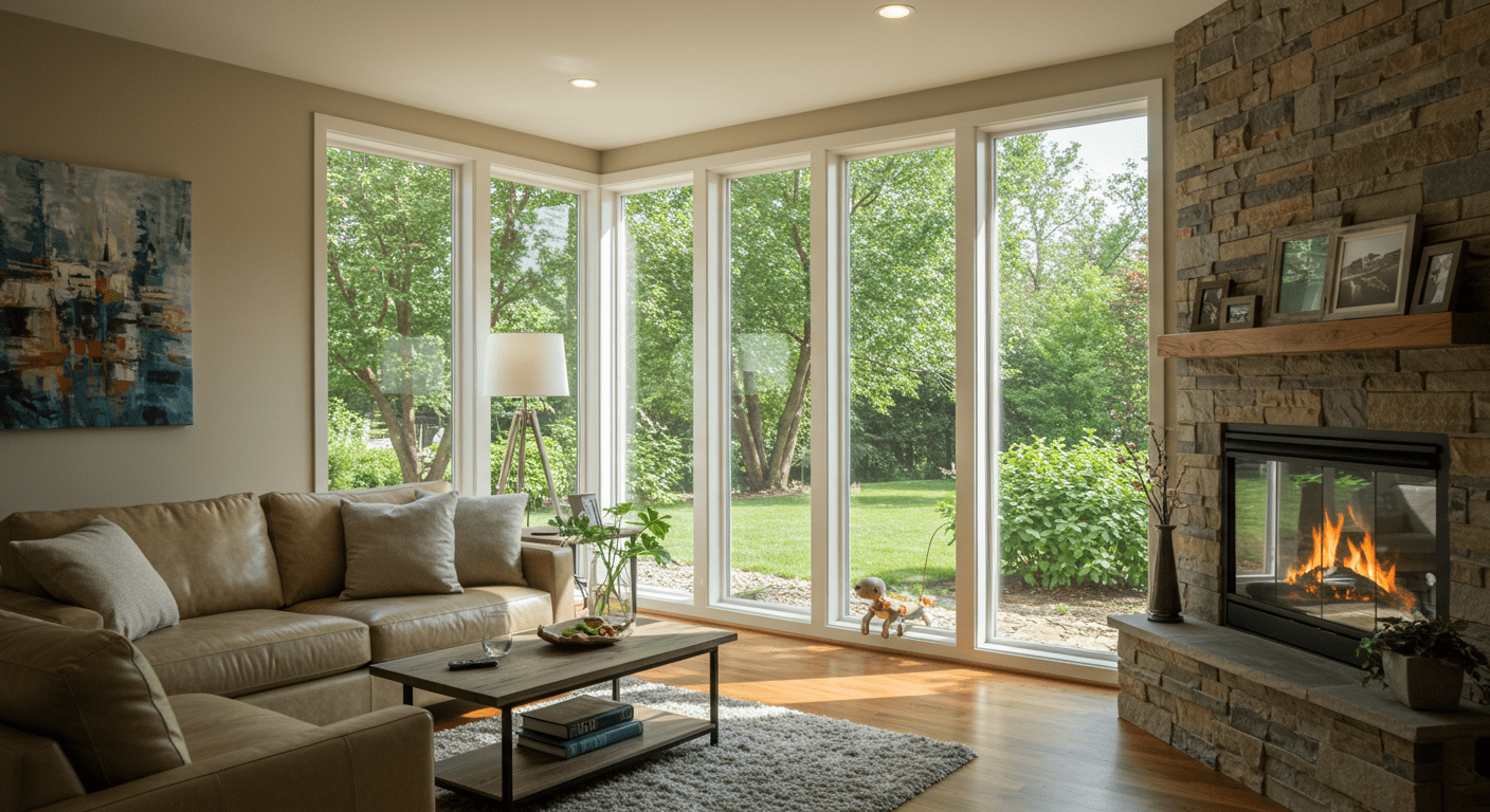 A cozy living room with large, beautifully installed windows that allow sunlight to flood the space, showcasing the aesthetic appeal and comfort that comes with quality window glass replacement.