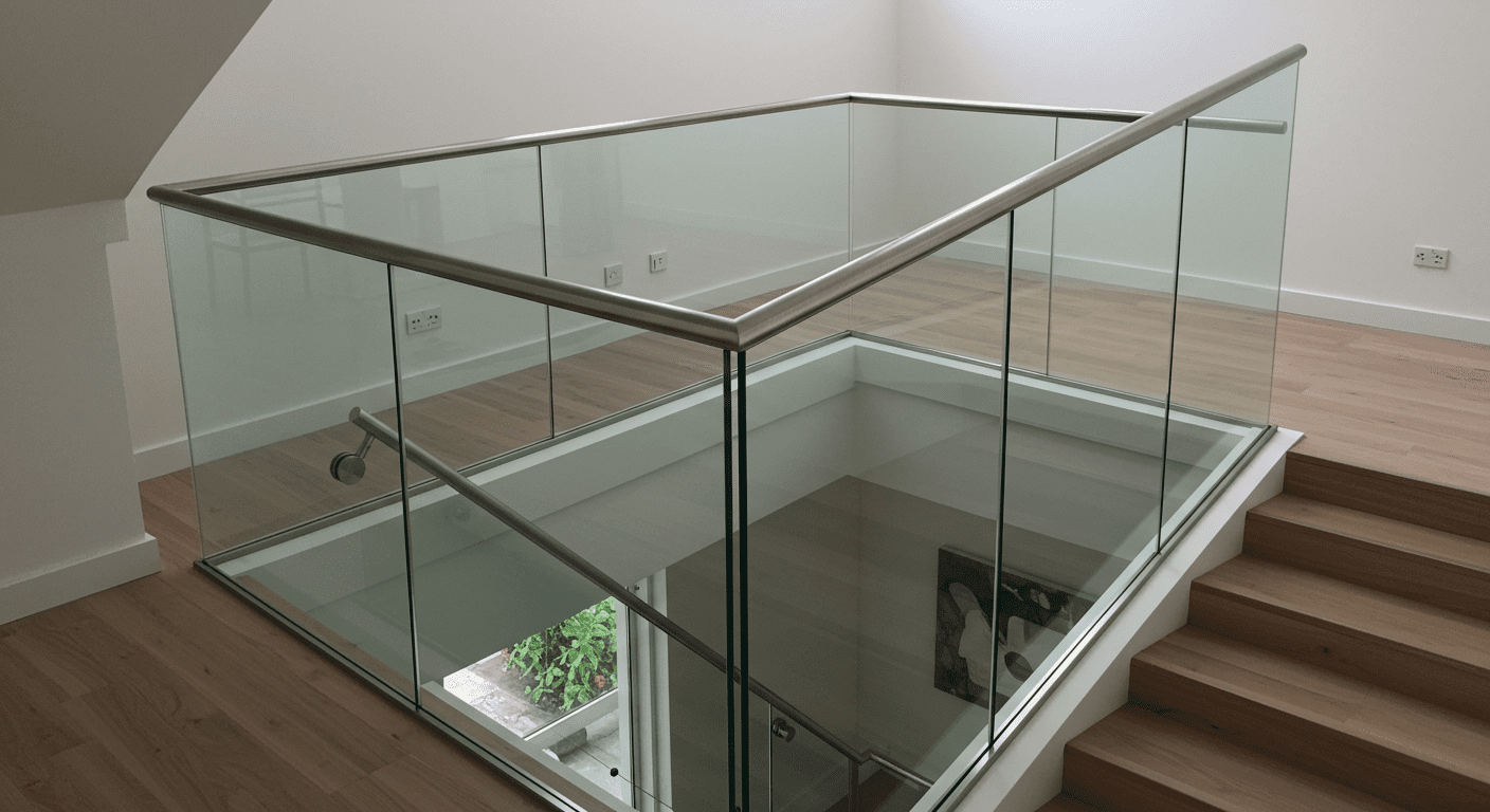A beautifully designed glass railing on a modern staircase, showcasing the elegance and craftsmanship of the glasswork.