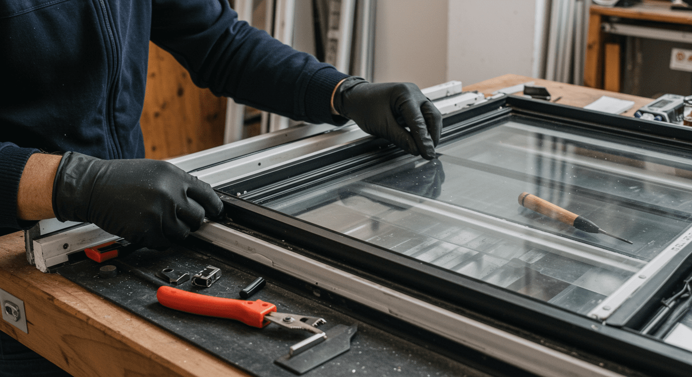 A skilled technician carefully repairing a double pane window, showcasing the tools and materials used in the process. The focus is on the technician's expertise and attention to detail.