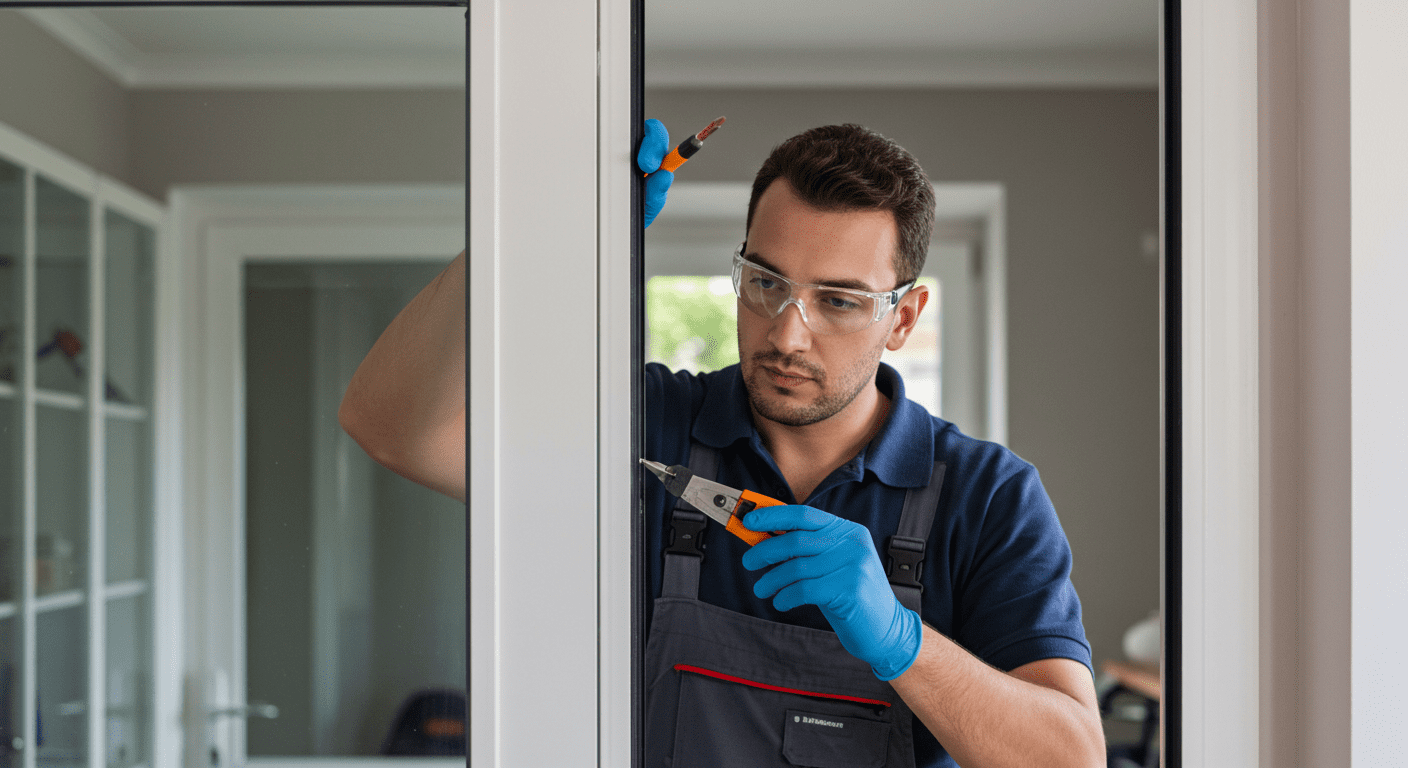 A skilled technician repairing a glass door in a residential setting, showcasing the precision and care involved in the process. The technician is focused, using professional tools.