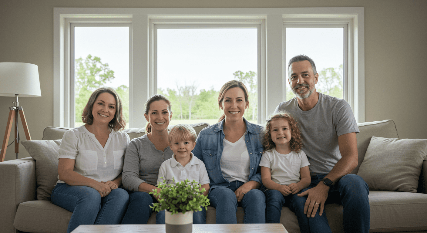 A joyful family gathered in a well-lit living room, admiring their newly installed windows, with smiles and a sense of comfort, showcasing the benefits of new windows.