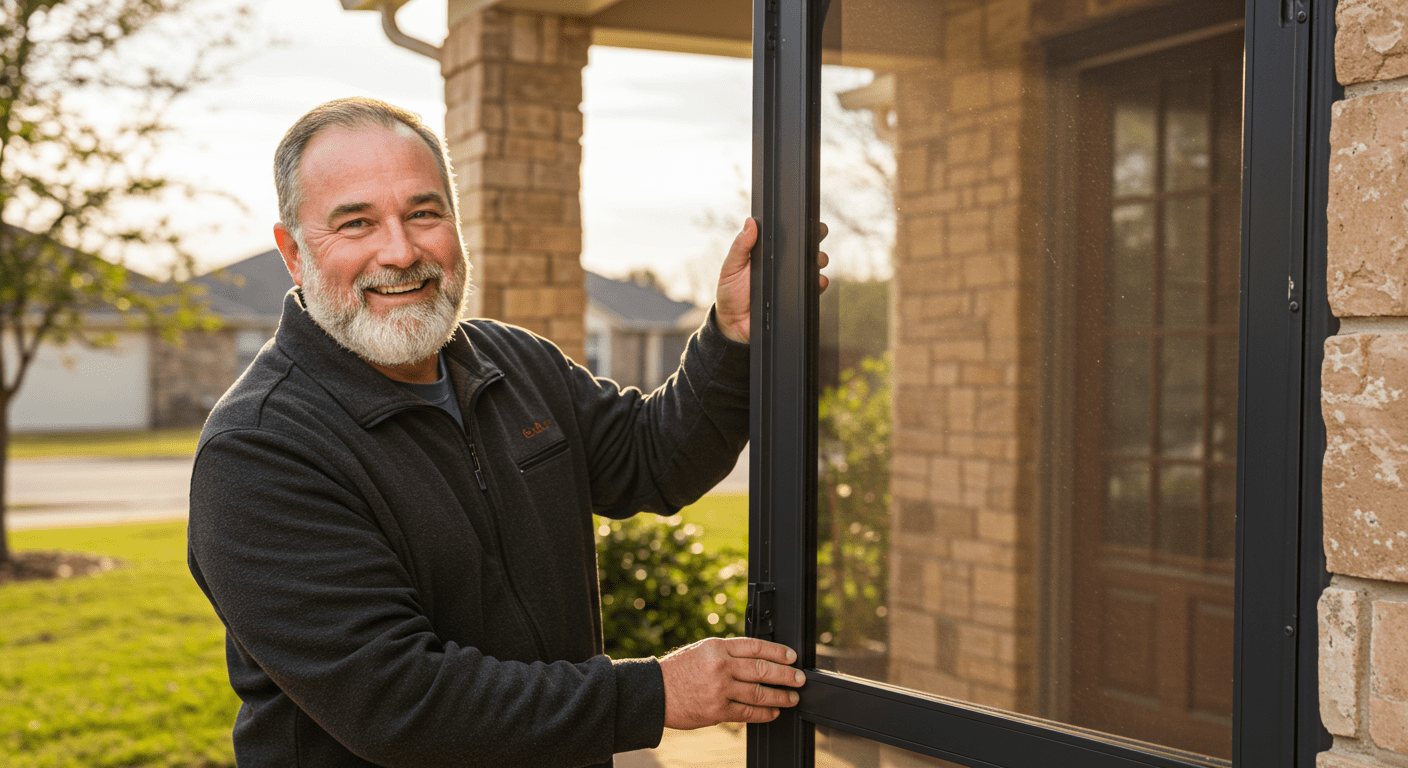 A satisfied homeowner inspecting a newly installed screen door with a smile, showcasing the quality of service in Grapevine.