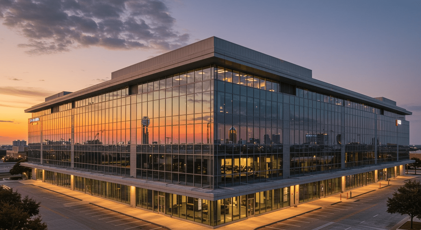 A panoramic view of a commercial building with large glass windows reflecting the Dallas skyline, symbolizing modern architecture and quality service.