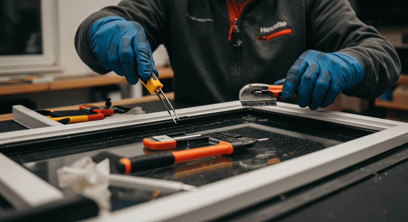 A skilled technician carefully repairing a window, showcasing tools and materials used in the process. The focus is on the technician's expertise and attention to detail.