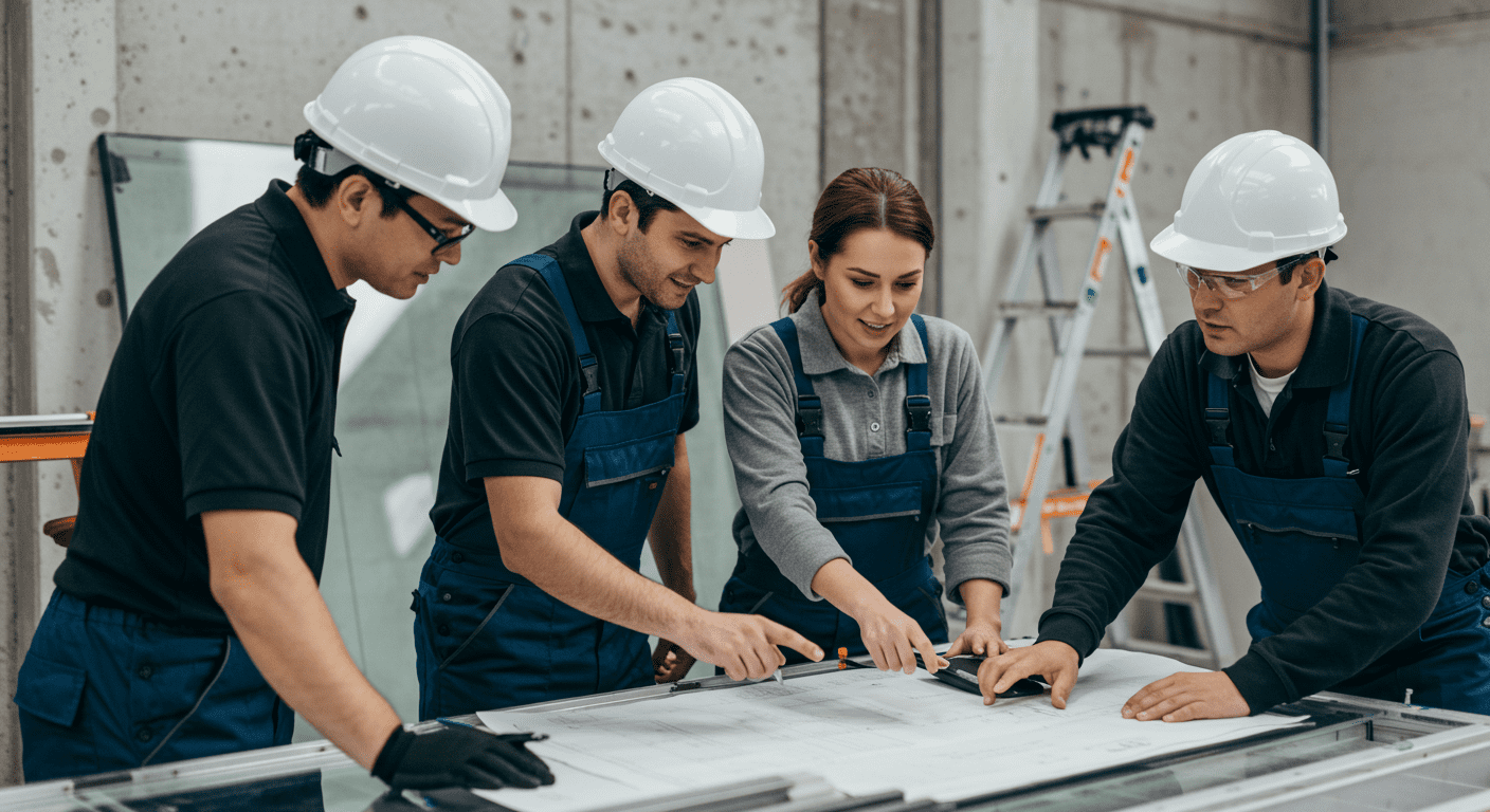 A team of professionals collaborating on a glass replacement project, discussing plans and examining the glass. The teamwork and expertise are evident, showcasing a reliable service.