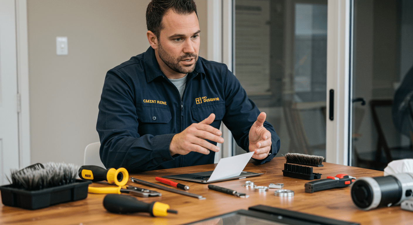 A technician explaining the glass door repair process to a homeowner, with tools and parts laid out on a table, creating a collaborative atmosphere.