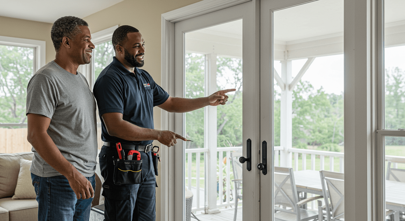 A technician interacting with a customer, discussing the patio door window repair options in a friendly manner.