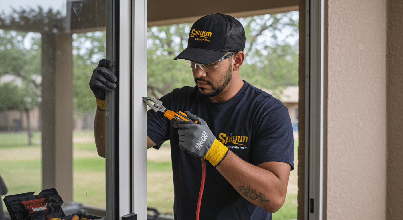 A skilled technician is focused on repairing a glass door, using specialized tools and wearing safety gear. The setting is a residential home in Harlingen, TX, showcasing the technician's expertise.