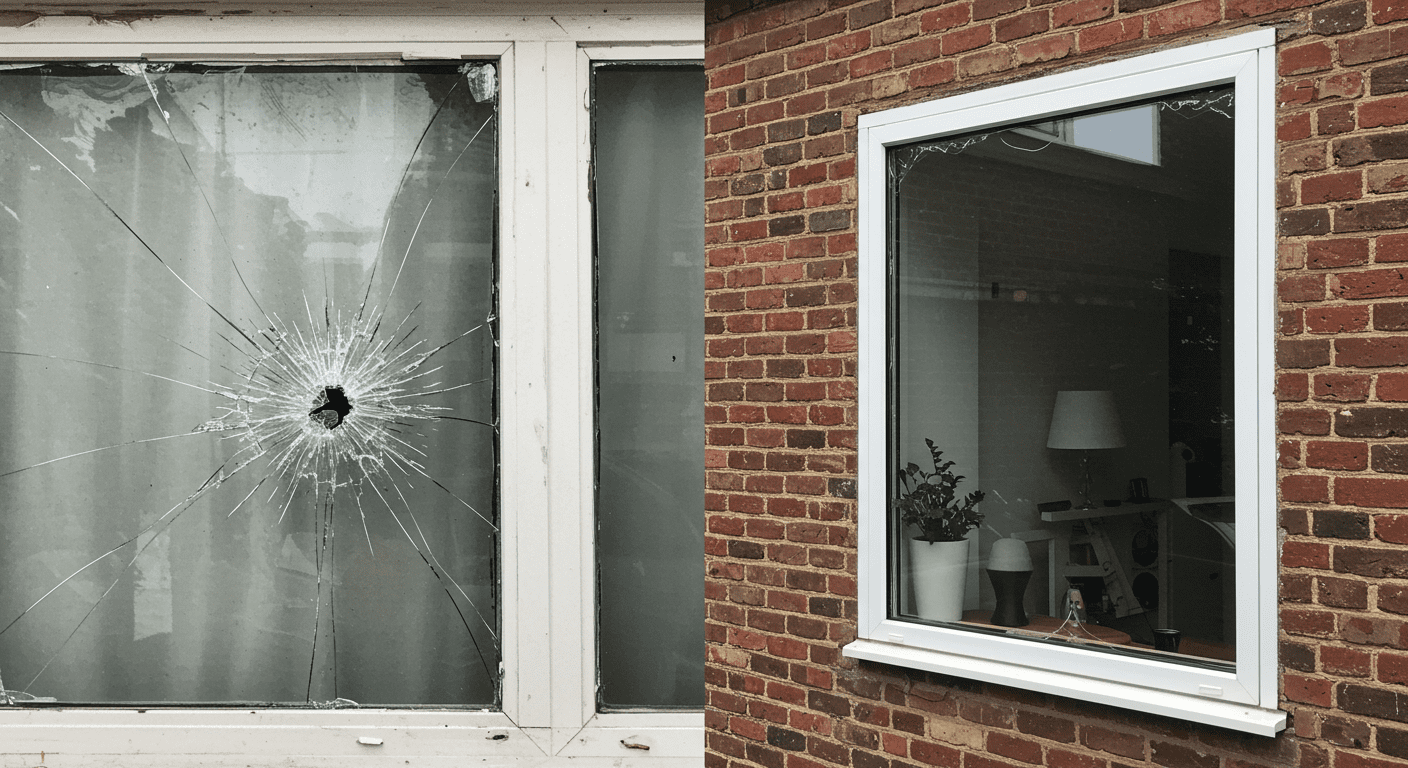 A split image showing a damaged window on one side and the same window beautifully repaired on the other. This visual contrast emphasizes the effectiveness of the repair service.