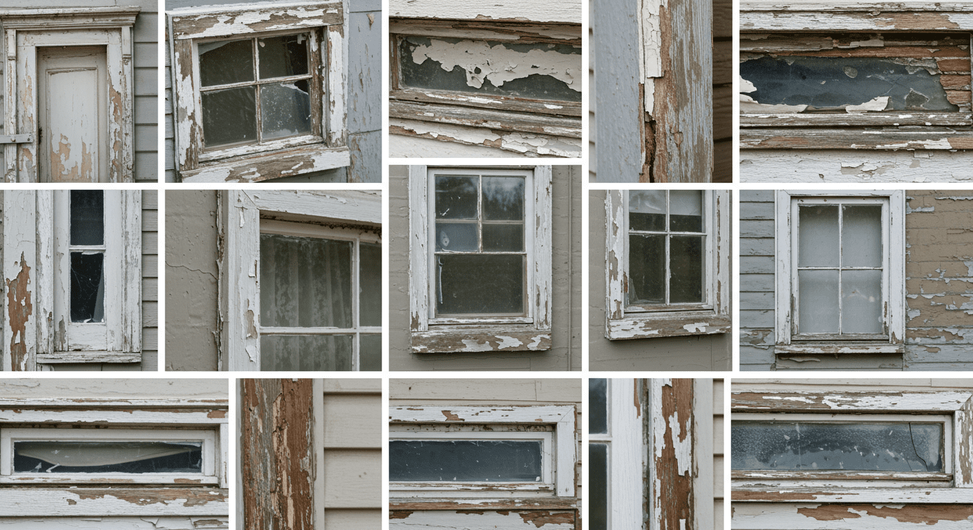 A collage of images showing various common window frame issues such as cracks, peeling paint, and water damage.