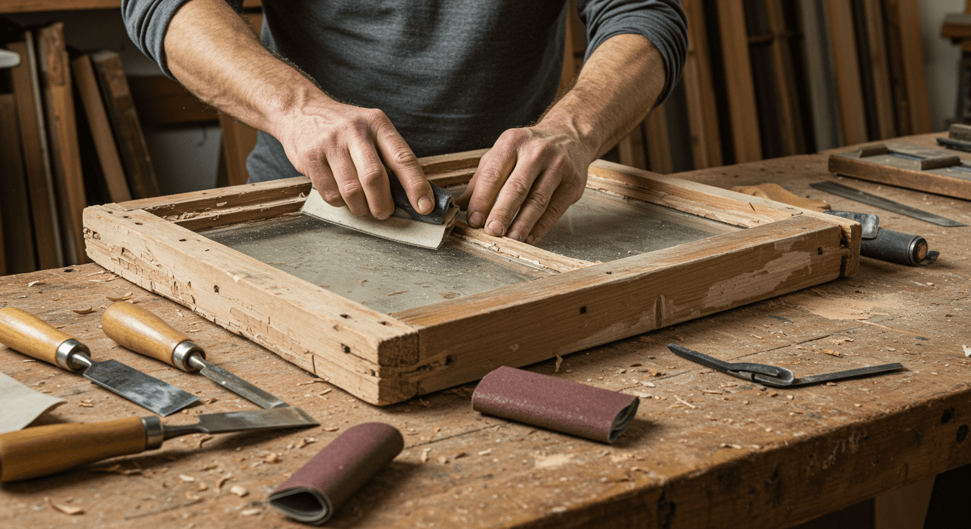 A skilled technician carefully restoring an old wooden window frame, showcasing the intricate details of the restoration process.