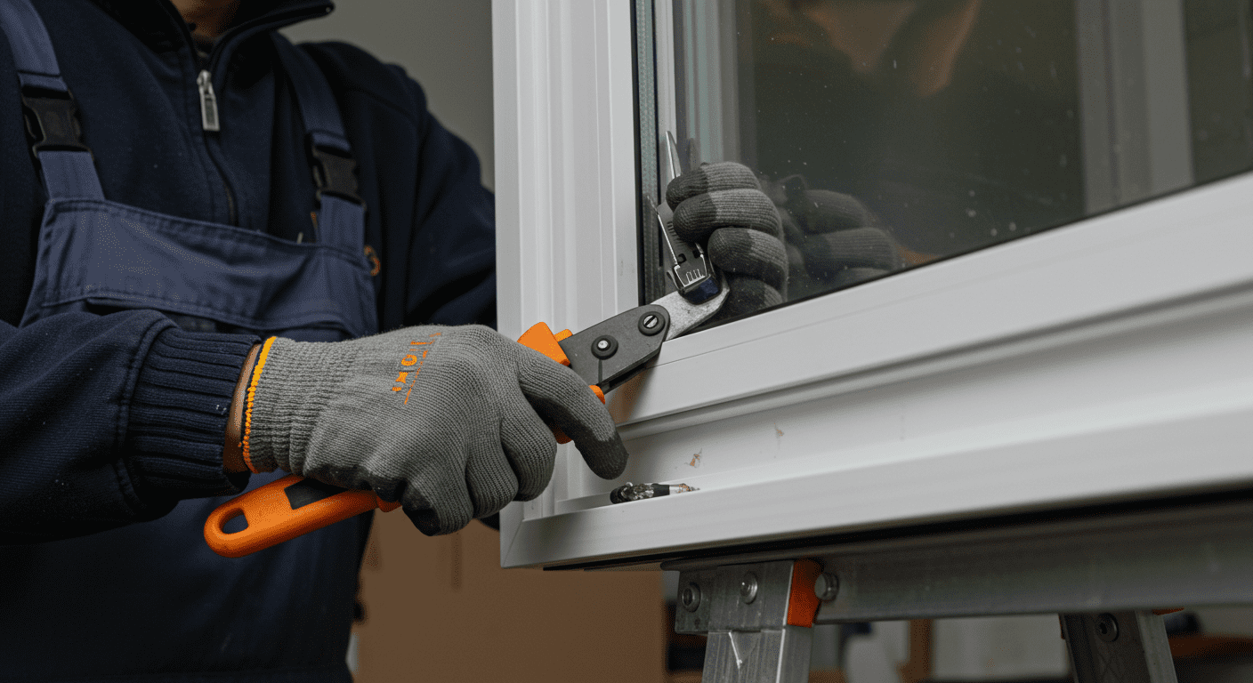 A technician at work, installing a new casement window track, with a focus on their hands and the tools being used, emphasizing professionalism and expertise.
