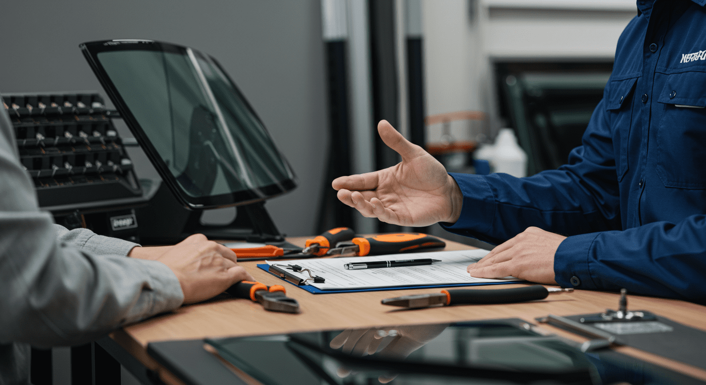 A technician explaining the repair process to a customer, with tools and glass materials on the table.