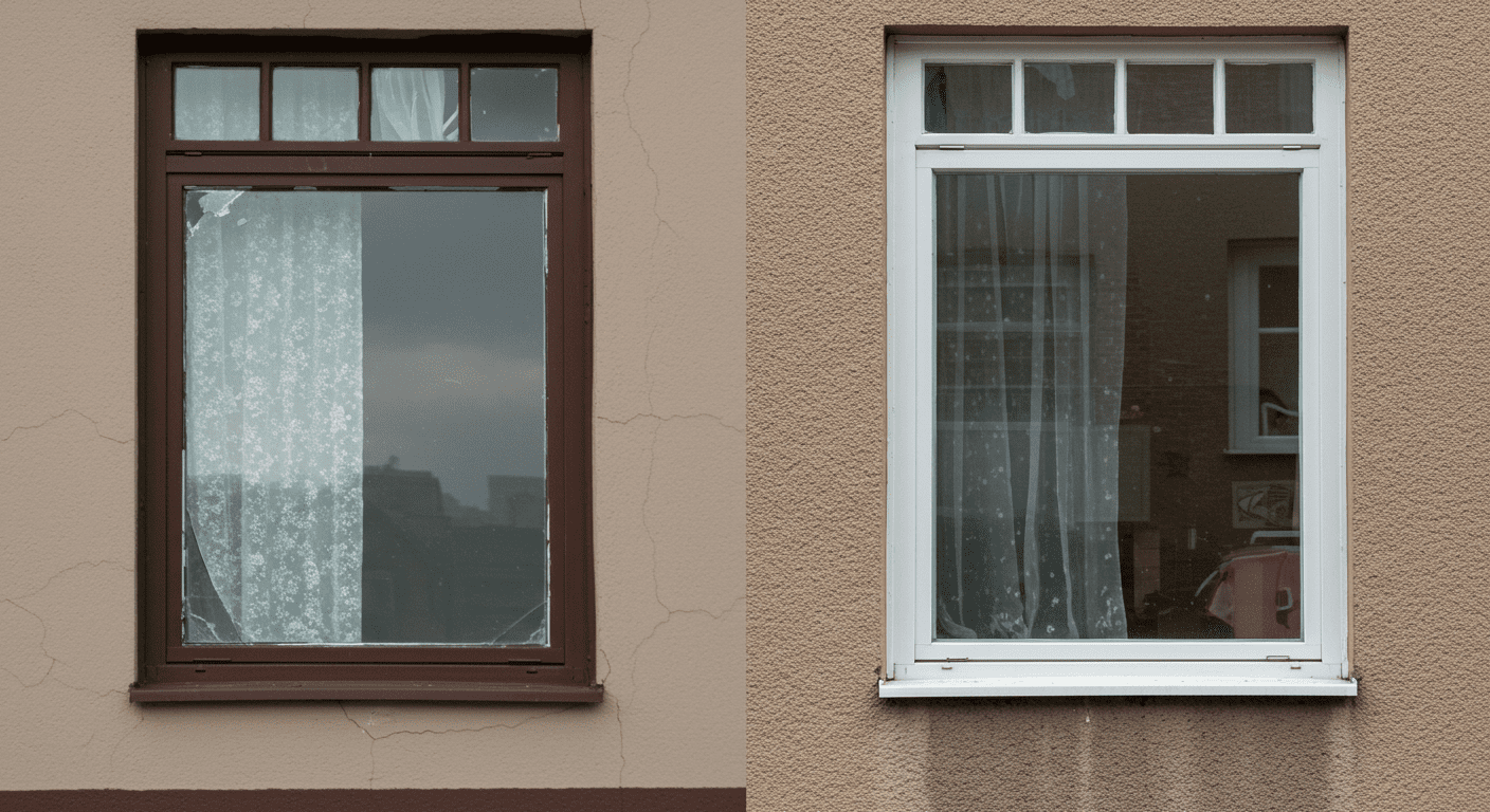 A split image showing a damaged window on one side and the same window beautifully repaired on the other.