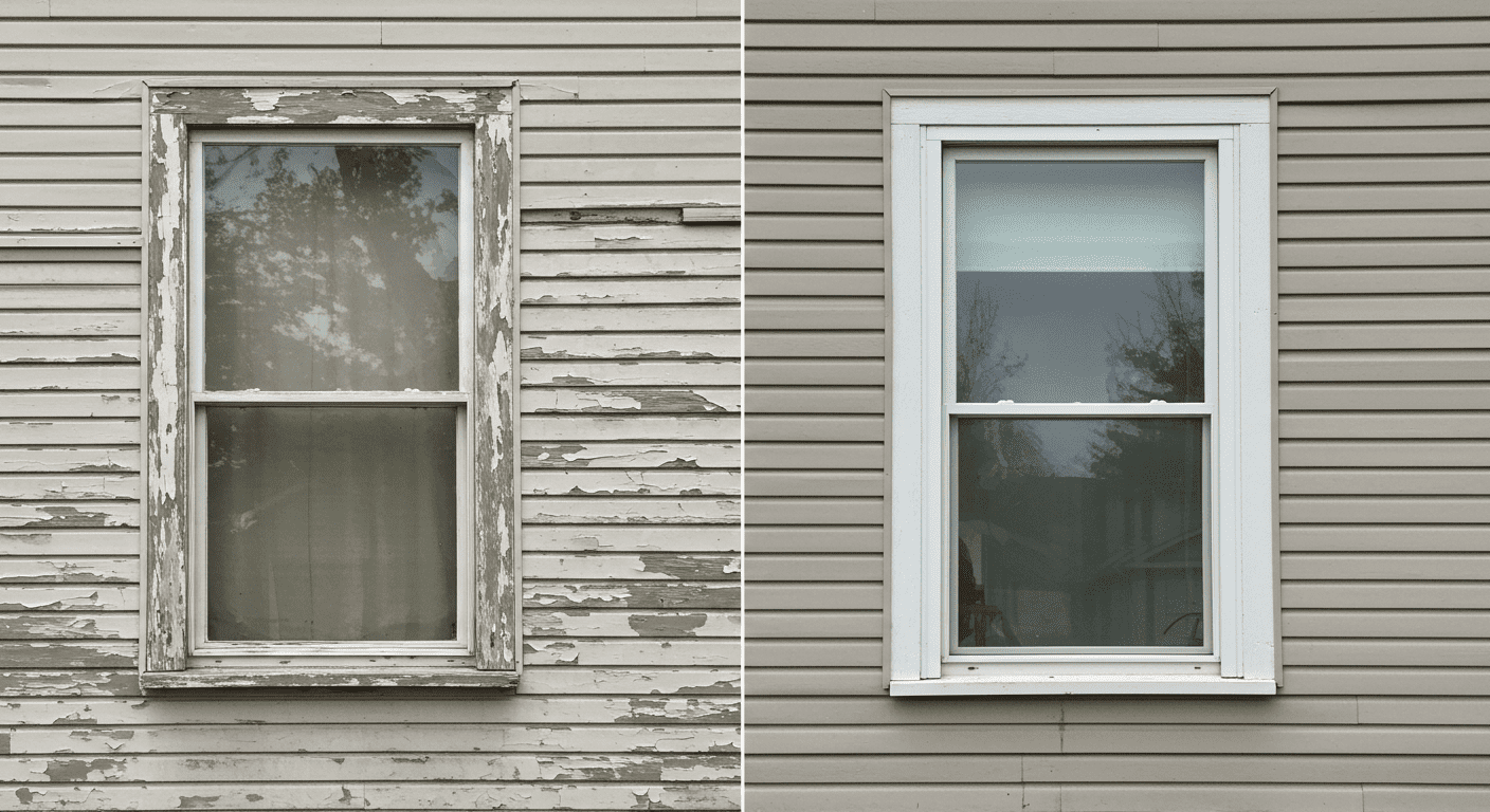 A split image showing a window before and after replacement, illustrating the dramatic difference in appearance and quality.