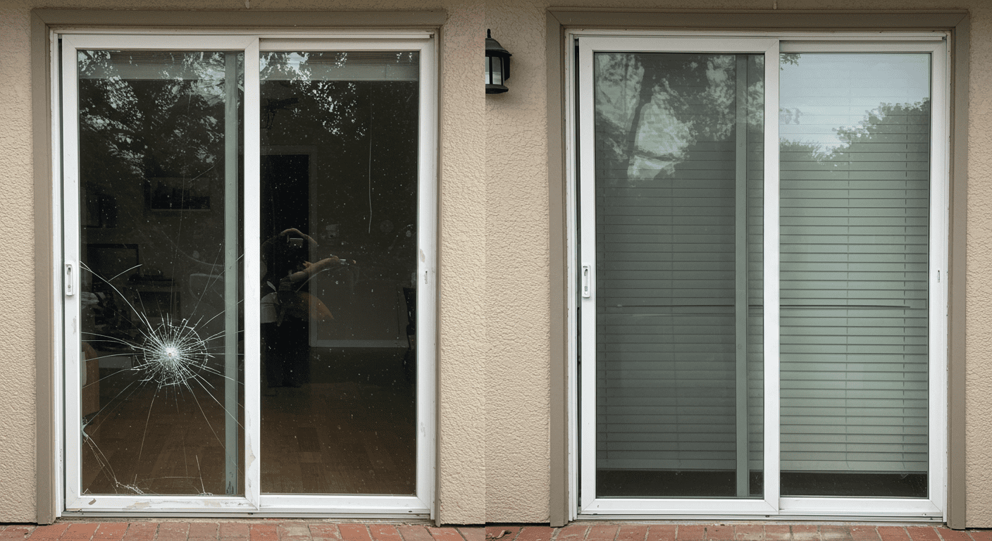 A side-by-side comparison of a damaged sliding glass door and the same door after repair, showcasing the transformation.