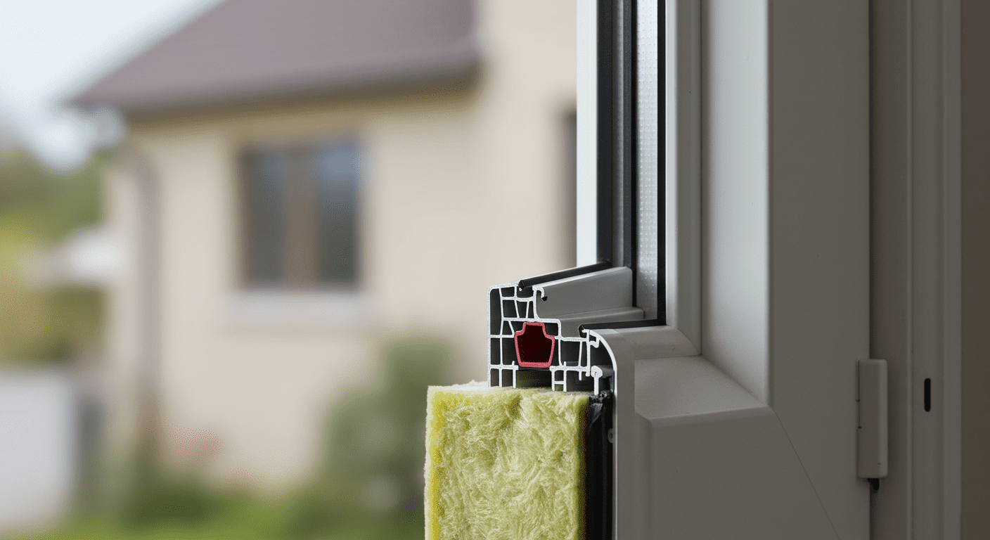 A close-up shot of an energy-efficient window frame, highlighting the materials and design features that contribute to energy savings. The focus is on the frame's insulation and sealing, with a blurred background of a home exterior.