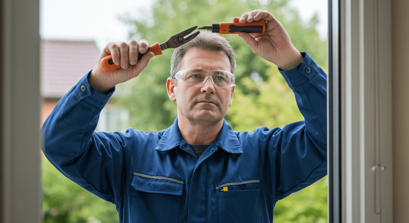 A skilled technician carefully repairing a window glass at a residential property. The technician is focused, showcasing professionalism and expertise.