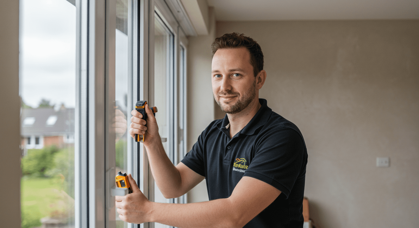 A friendly technician in a branded uniform is installing a large glass window in a residential home. The technician is focused and smiling, showcasing professionalism and expertise.