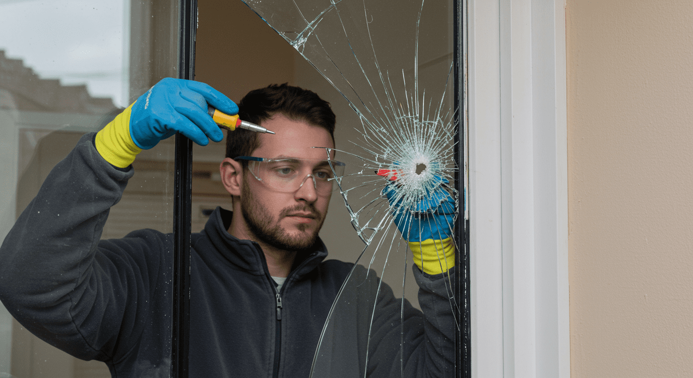 A skilled technician carefully replacing a shattered glass door panel in a residential setting. The technician is wearing safety gear, including gloves and goggles, emphasizing safety during the repair process.