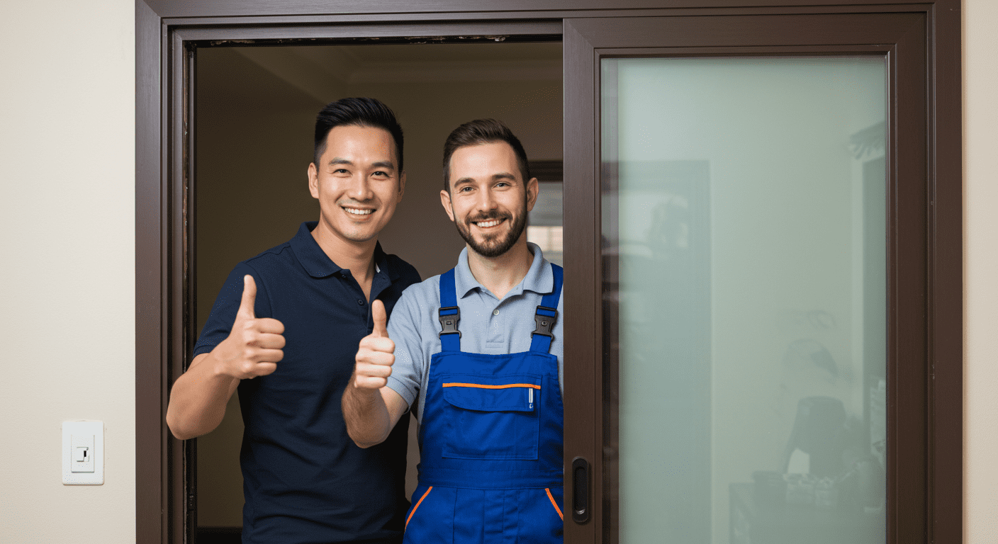 A happy customer standing next to a newly repaired sliding door, giving a thumbs-up to the technician, emphasizing satisfaction and trust in the service.